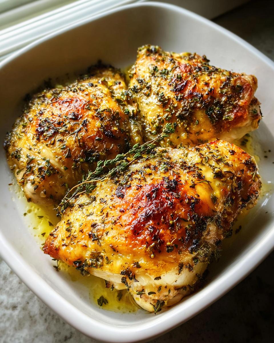 Three pieces of Oven Baked Lemon Herb Chicken with crispy, golden skin and herbs in a white baking dish.