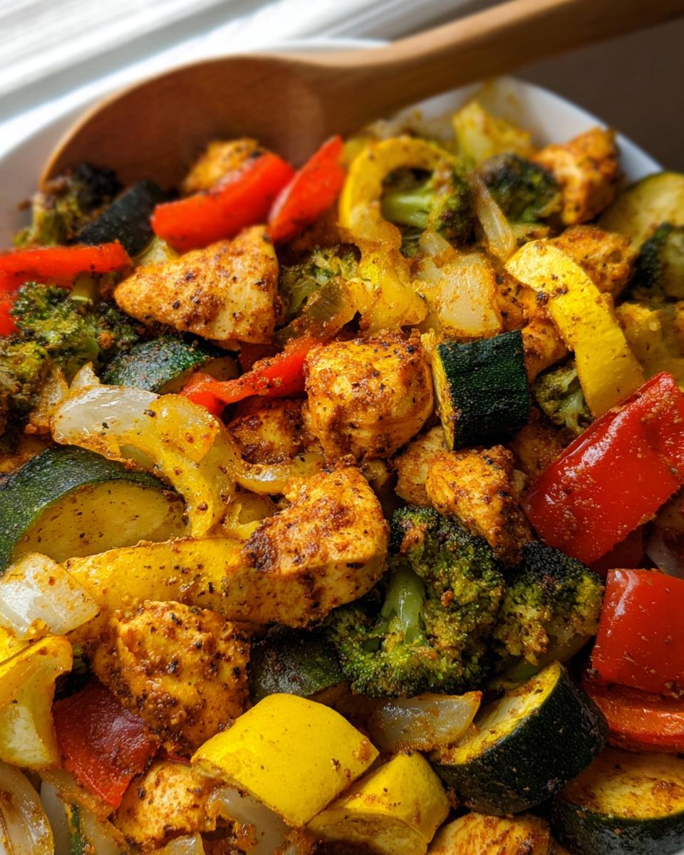 Close-up of seasoned chicken chunks mixed with vibrant vegetables like zucchini, peppers, and broccoli in Pan Chicken and Veggies.