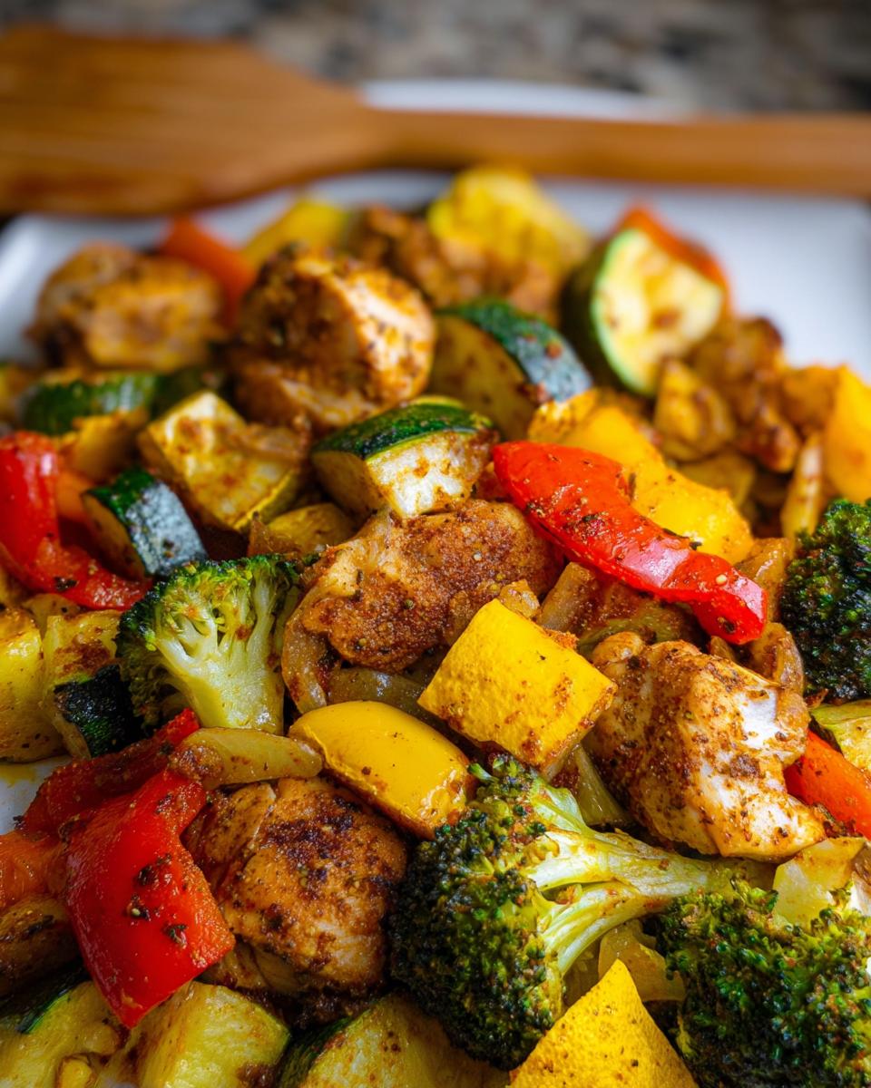 Close-up of Pan Chicken and Veggies with Bold Seasoning, featuring seasoned chicken chunks mixed with broccoli, zucchini, and peppers.