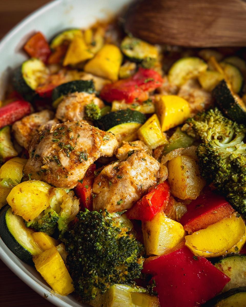 Close-up of seasoned chicken pieces mixed with colorful roasted vegetables in a white pan, showcasing the Pan Chicken and Veggies.