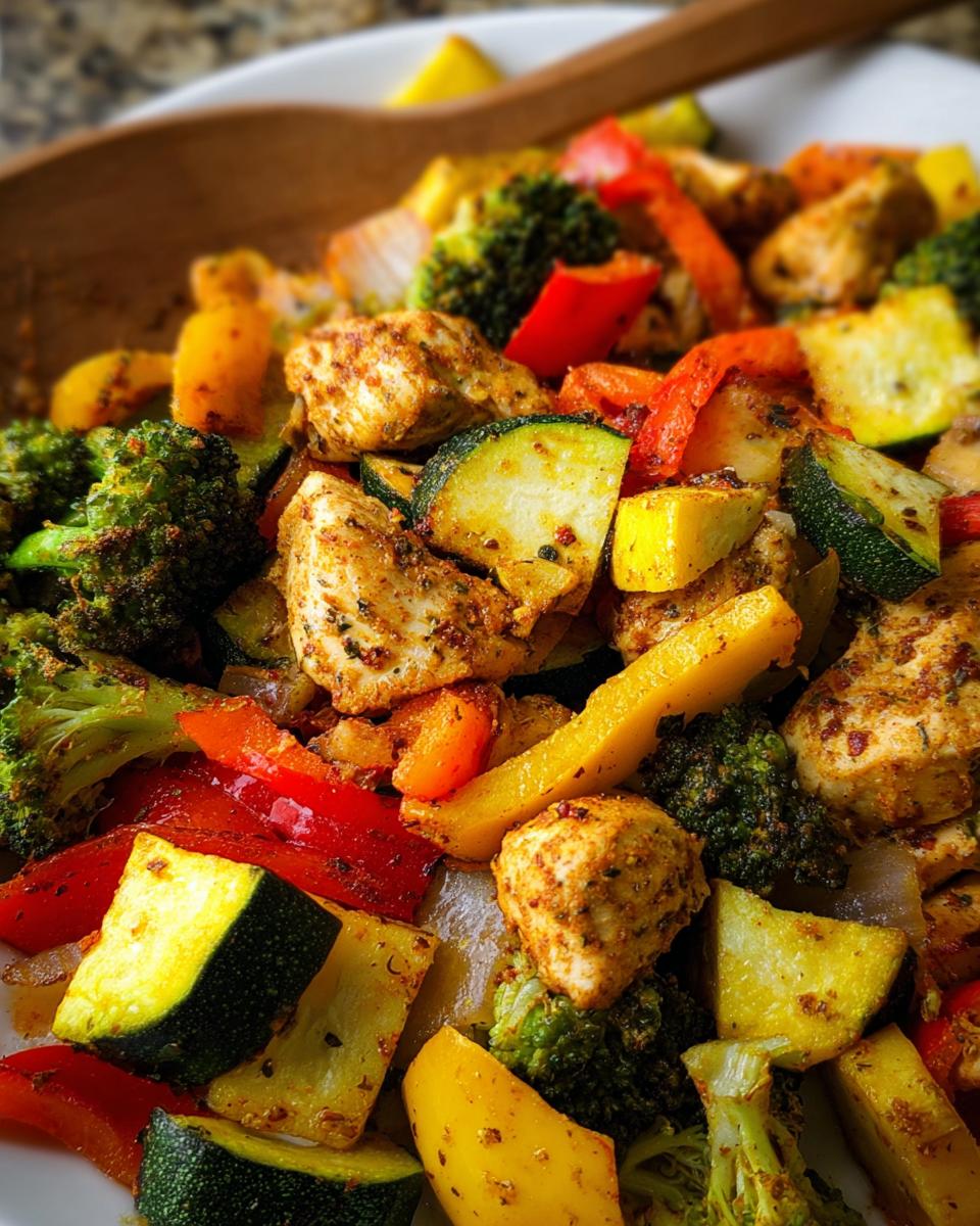 Close-up of Pan Chicken and Veggies with Bold Seasoning, featuring seasoned chicken chunks and colorful roasted vegetables.