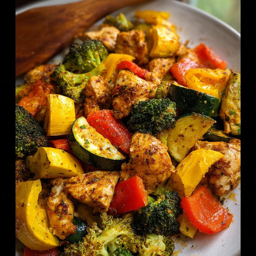 Close-up of seasoned chicken pieces mixed with colorful roasted vegetables like broccoli, zucchini, and bell peppers in Pan Chicken and Veggies with Bold Seasoning.