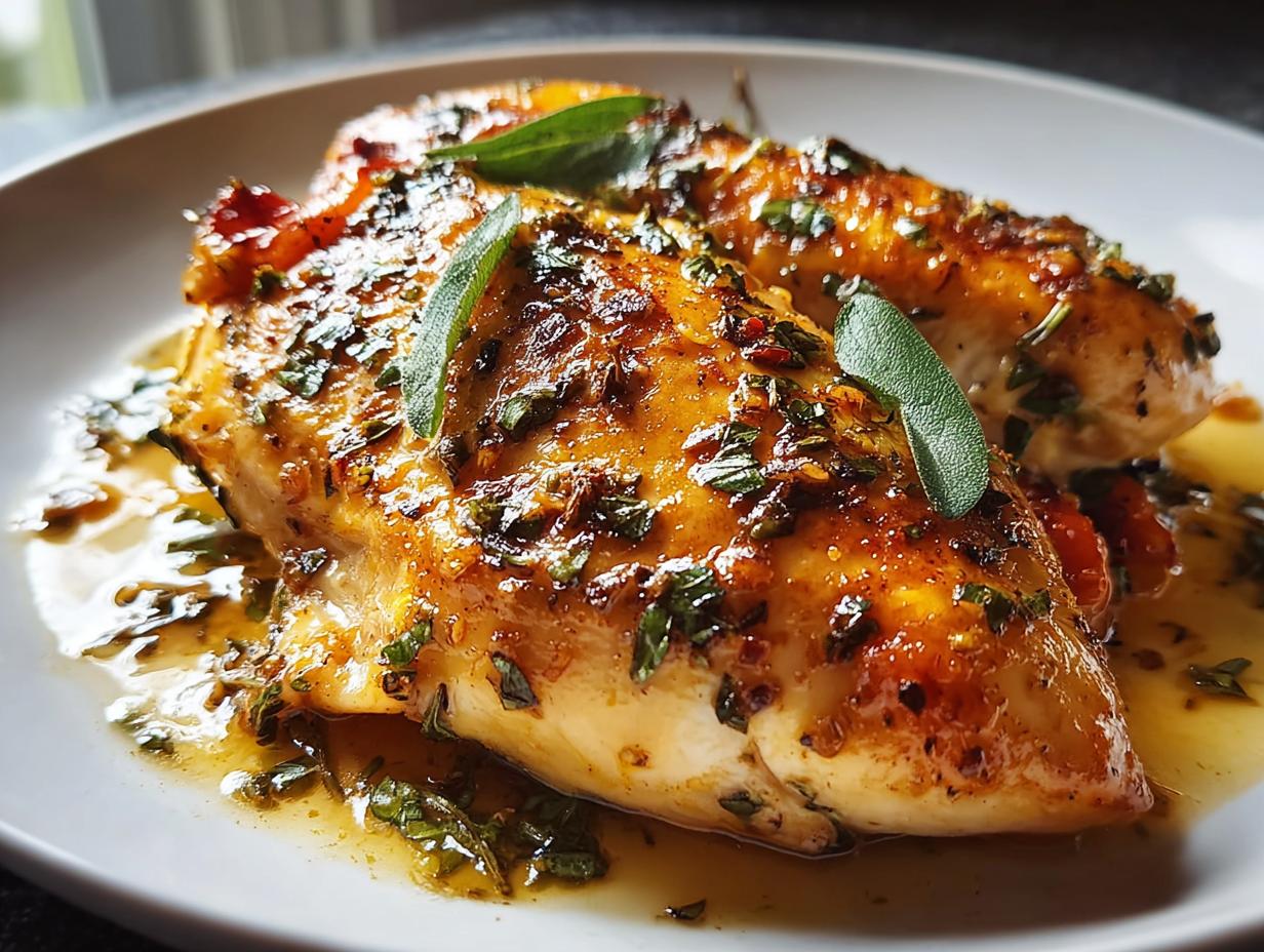 Close-up of golden pan-seared chicken breasts covered in herb butter sauce, part of The Ultimate Chicken Recipes Guide.
