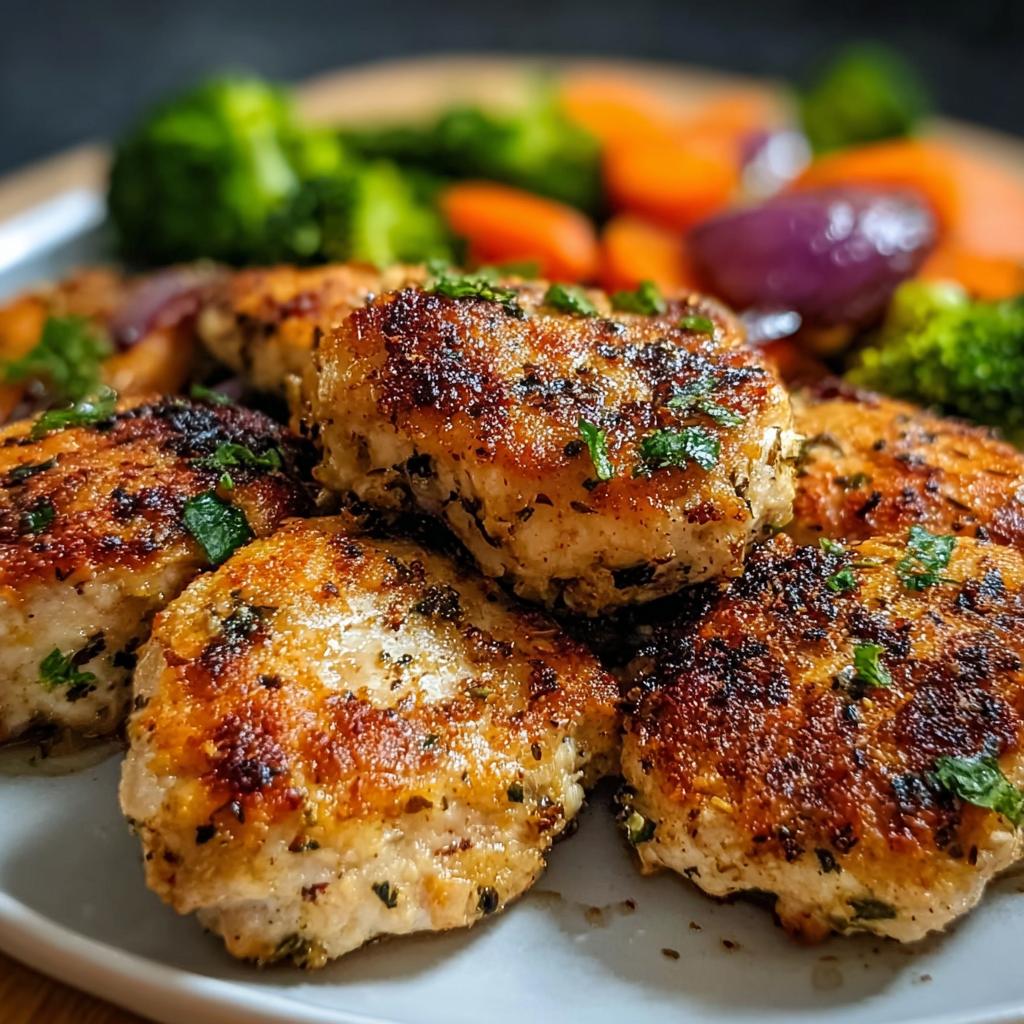 Close-up of golden-brown pan-seared chicken patties served with steamed broccoli and carrots, perfect for healthy meals.