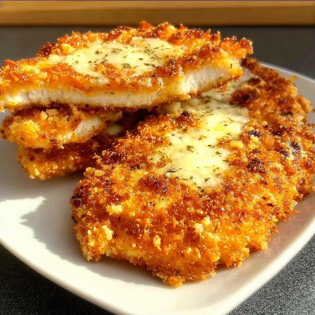 Three golden brown Parmesan Crusted Chicken Breasts stacked on a white plate, showing a crispy exterior and melted cheese topping.