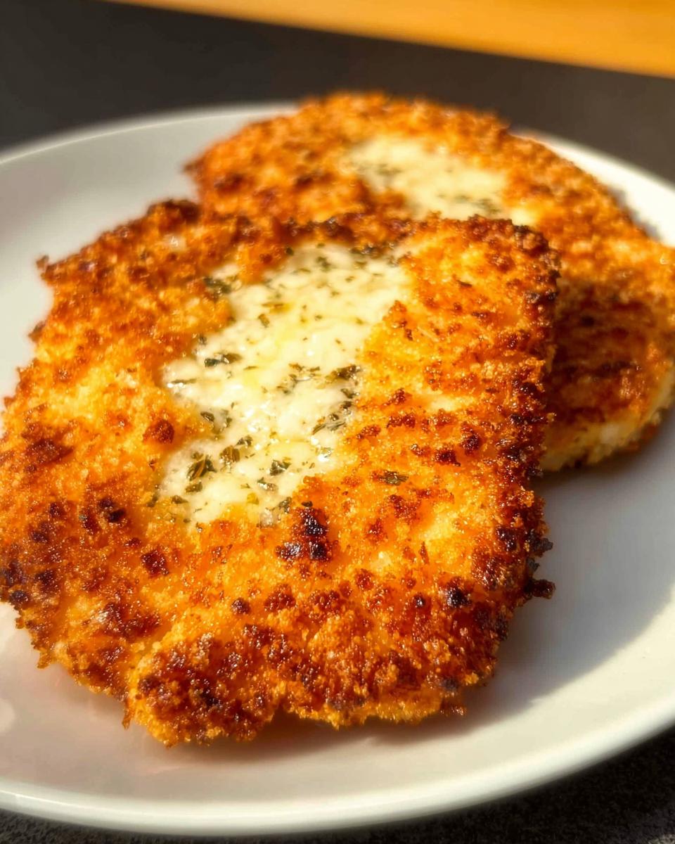 Two golden brown Parmesan Crusted Chicken Breasts with Crunch served on a white plate.
