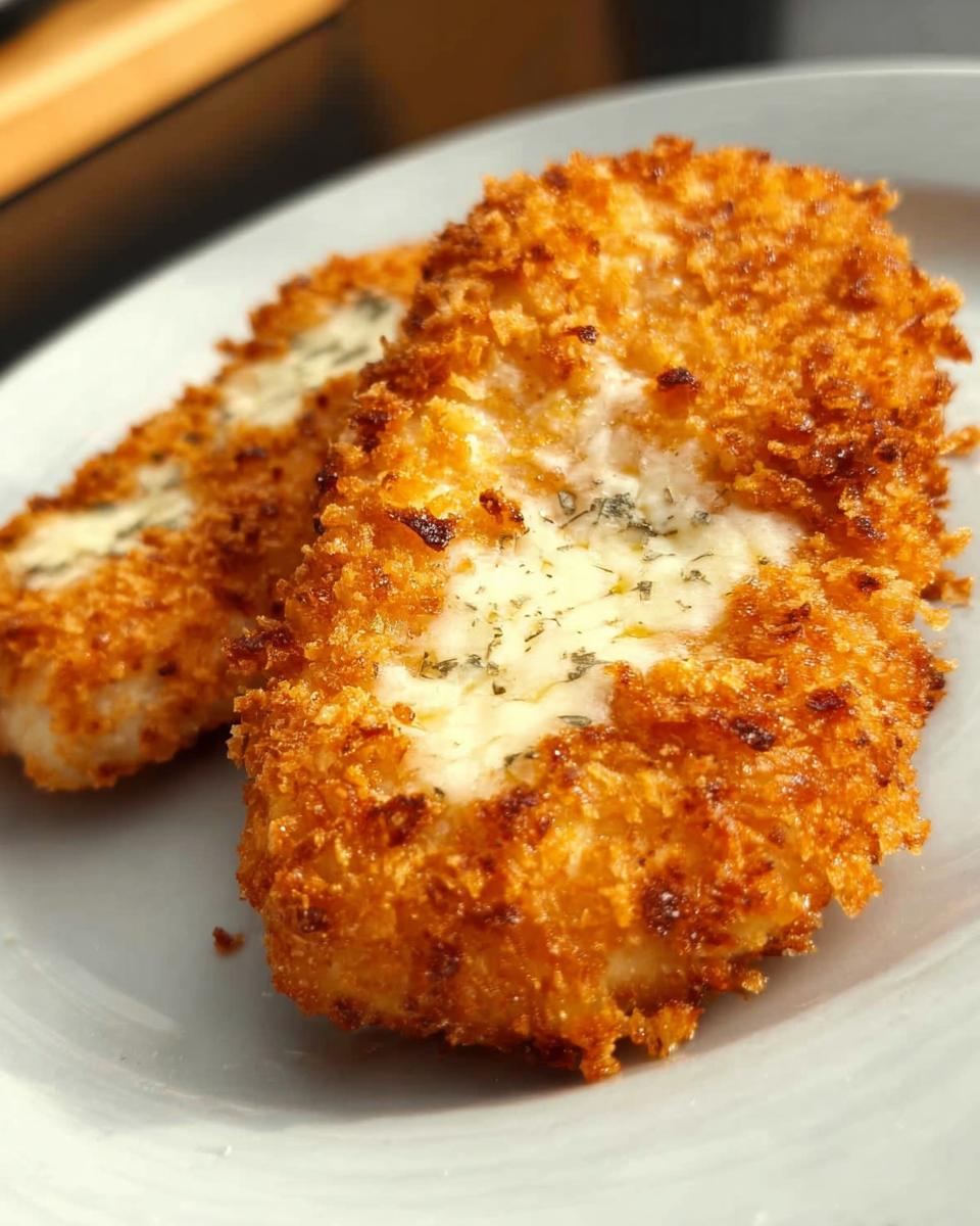Two golden brown Parmesan Crusted Chicken Breasts with Crunch served on a light plate.