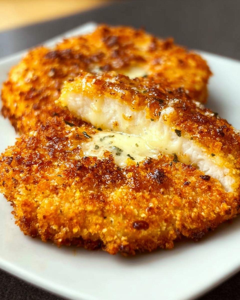 Close-up of Parmesan Crusted Chicken Breasts with Crunch, showing a golden crust and melted cheese inside.