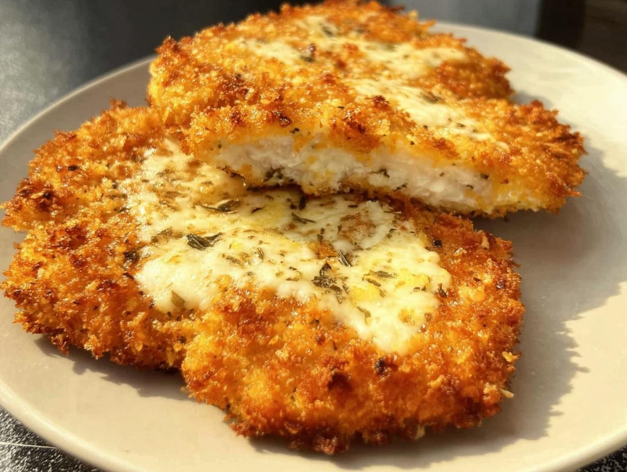 Two golden brown Parmesan Crusted Chicken Breasts with melted cheese and herbs on a light plate.