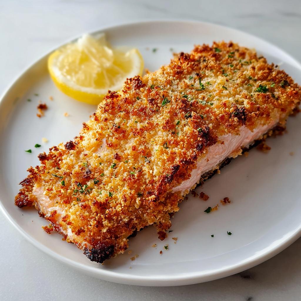 A perfectly cooked fillet of Parmesan Crusted Salmon with a golden, crispy topping served with a lemon wedge.