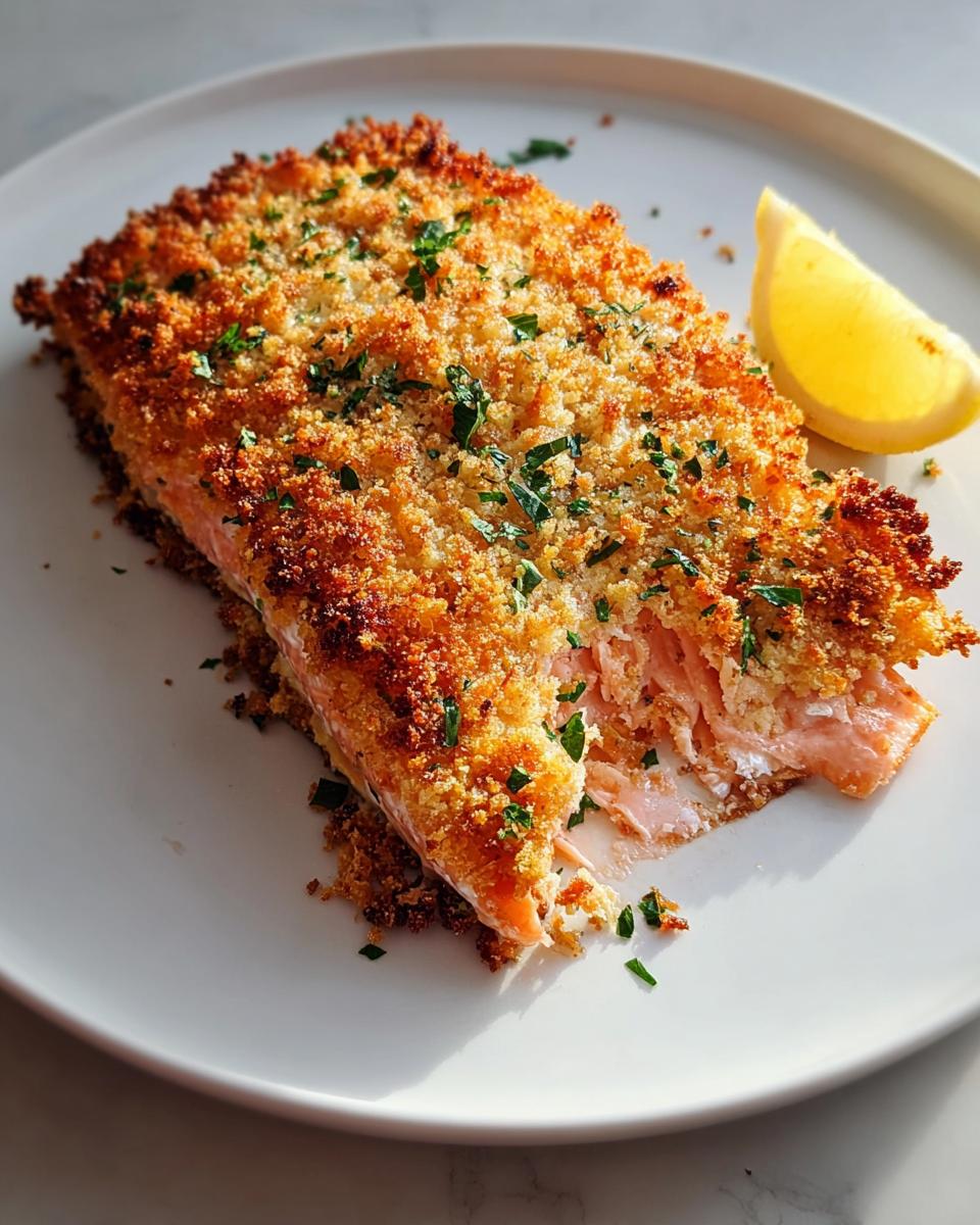 A perfectly cooked fillet of Parmesan Crusted Salmon with a golden brown topping, served on a white plate with a lemon wedge.