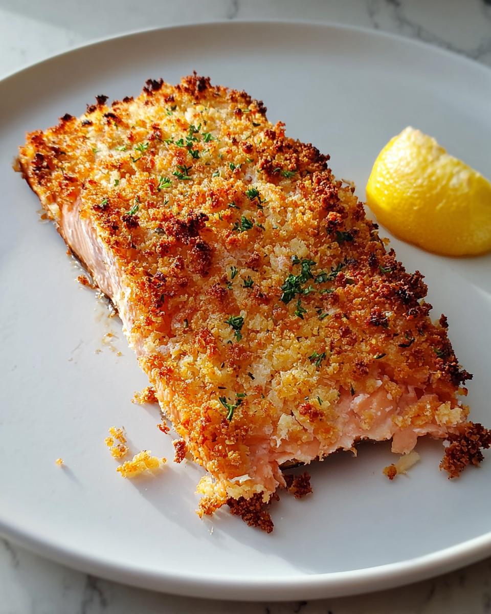 A close-up of a perfectly cooked Parmesan Crusted Salmon fillet with a golden-brown topping, served with a lemon wedge.