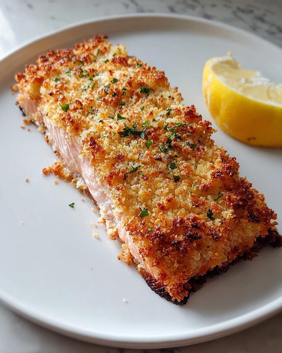 A perfectly cooked fillet of Parmesan Crusted Salmon with a golden, crispy topping served with a lemon wedge.