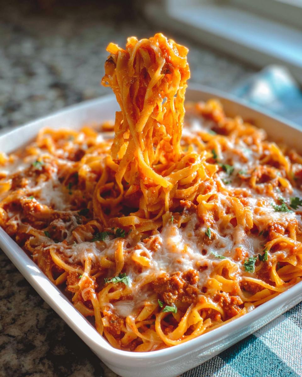 A fork lifting a tangle of fettuccine pasta coated in rich meat sauce from a white baking dish, topped with melted cheese.
