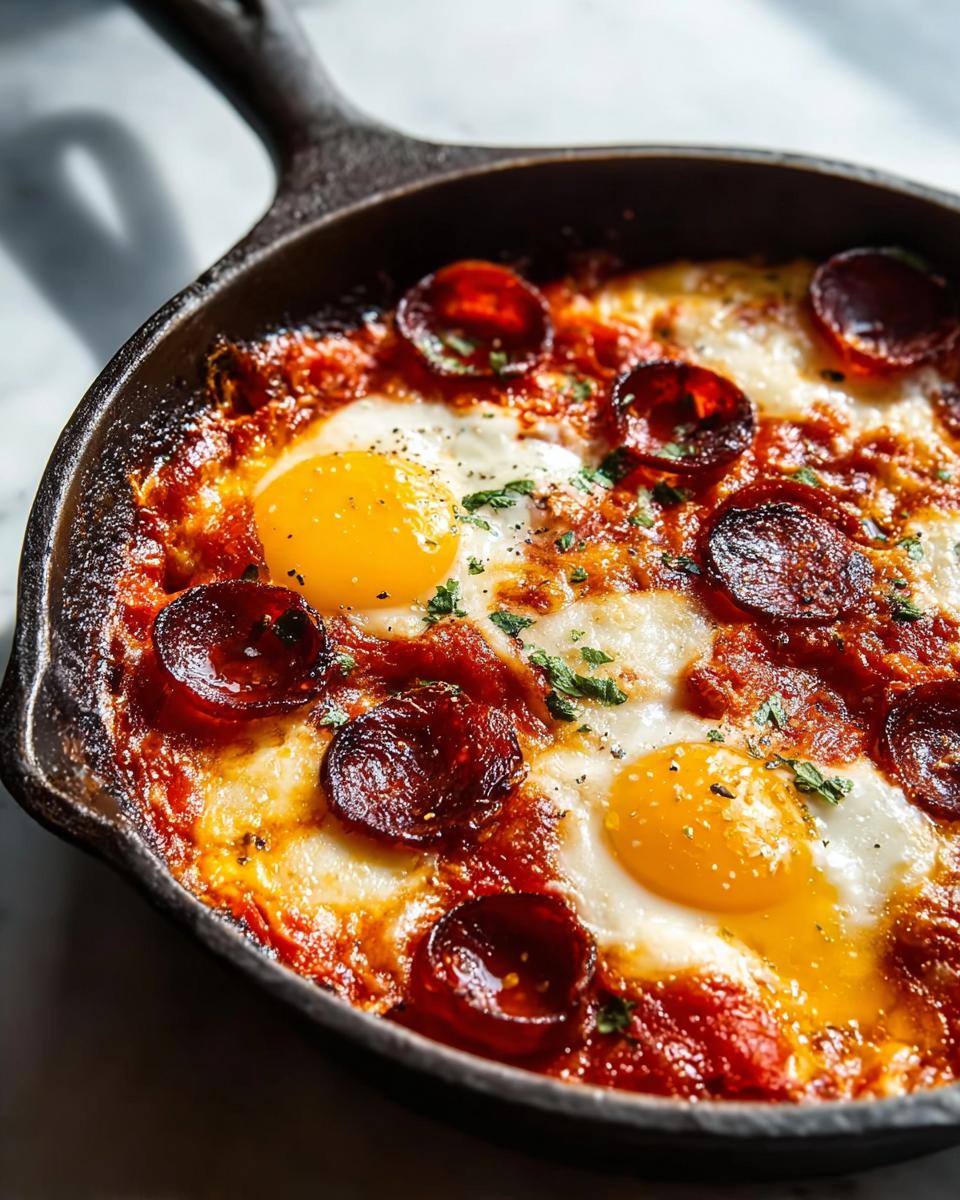Close-up of baked eggs with pepperoni and cheese in a cast iron skillet, perfect for breakfast ideas recipes.