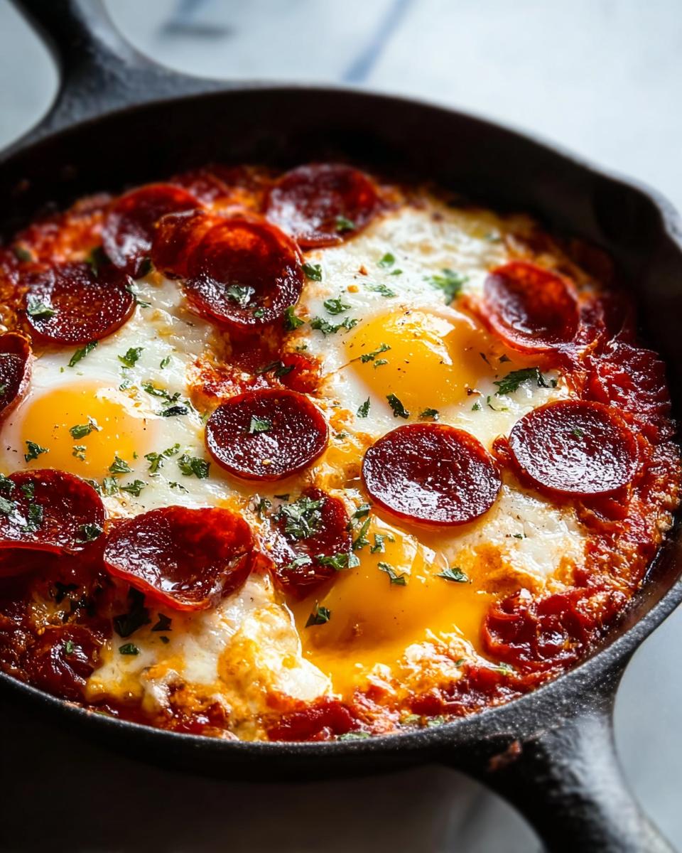 Close-up of pepperoni baked eggs in a cast iron skillet, a great addition to breakfast ideas recipes.