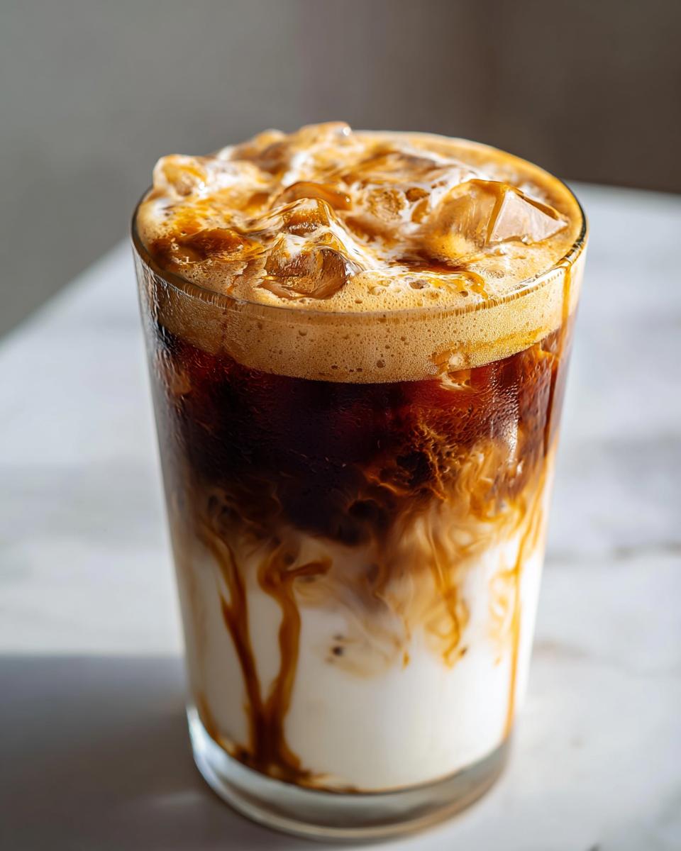 Close-up of an iced coffee layered with milk and topped with foam, a Perfect Every Time Starbucks Drink.