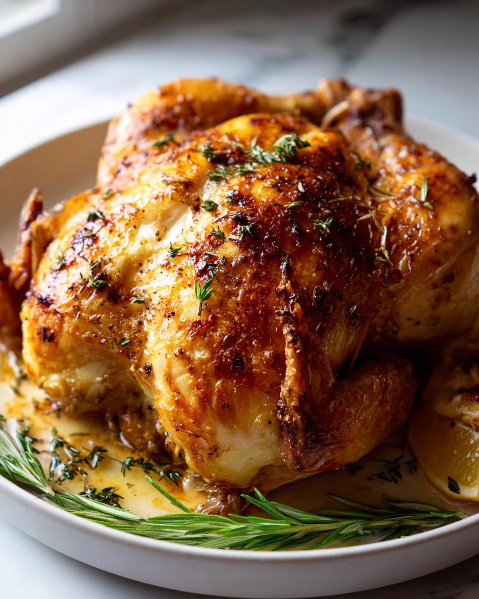 A whole roasted chicken with crispy, golden-brown skin, garnished with fresh thyme and rosemary, ready for serving.