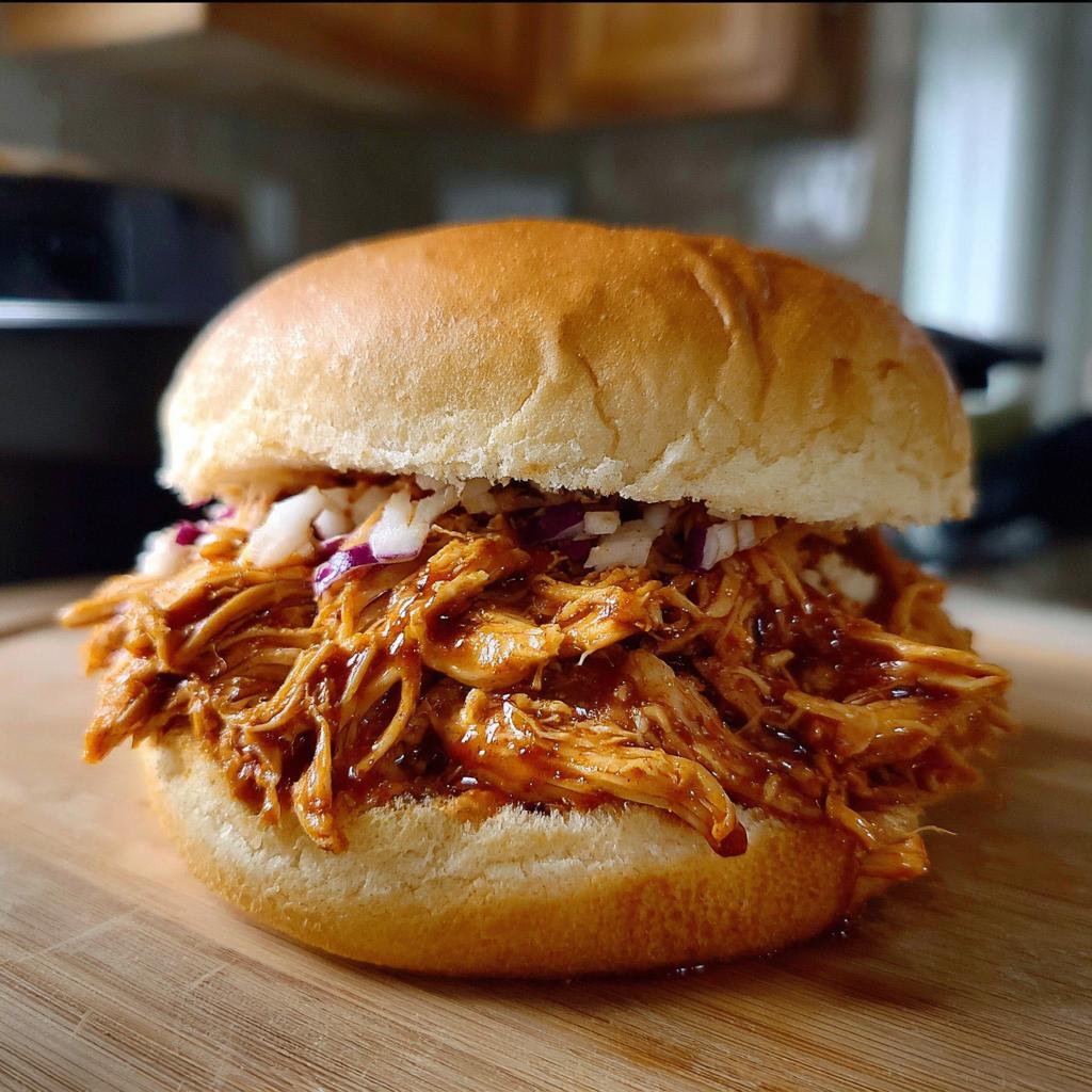 A close-up of a juicy BBQ Chicken Sandwich Filling that shreds perfectly on a soft bun with coleslaw.