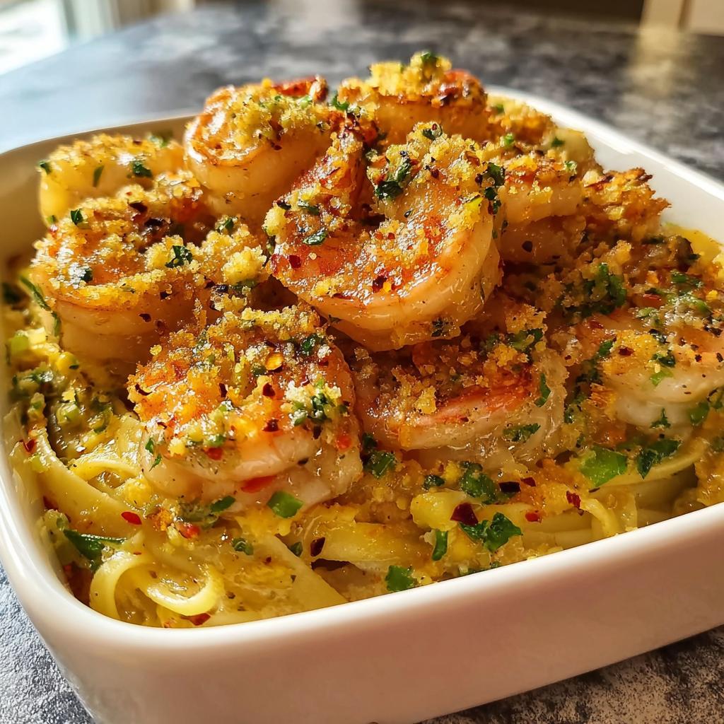 Close-up of perfectly cooked shrimp topped with golden breadcrumbs and herbs served over creamy pasta, illustrating how to make shrimp recipes.
