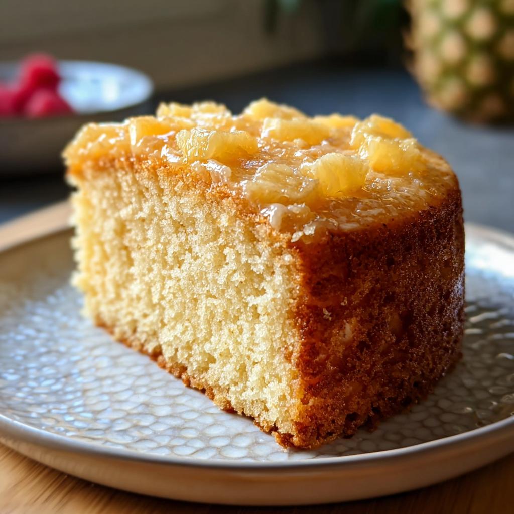A moist slice of pineapple cake with a glazed topping, perfect for 7-Ingredient Cake Ideas Recipes.