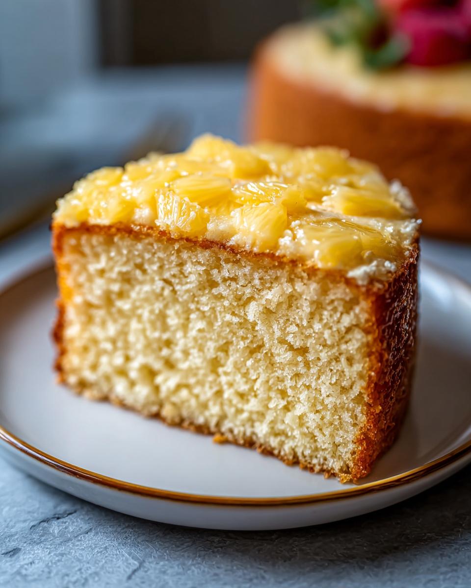 Close-up of a slice of simple pineapple cake, one of the 7-Ingredient Cake Ideas Recipes (No Fuss).