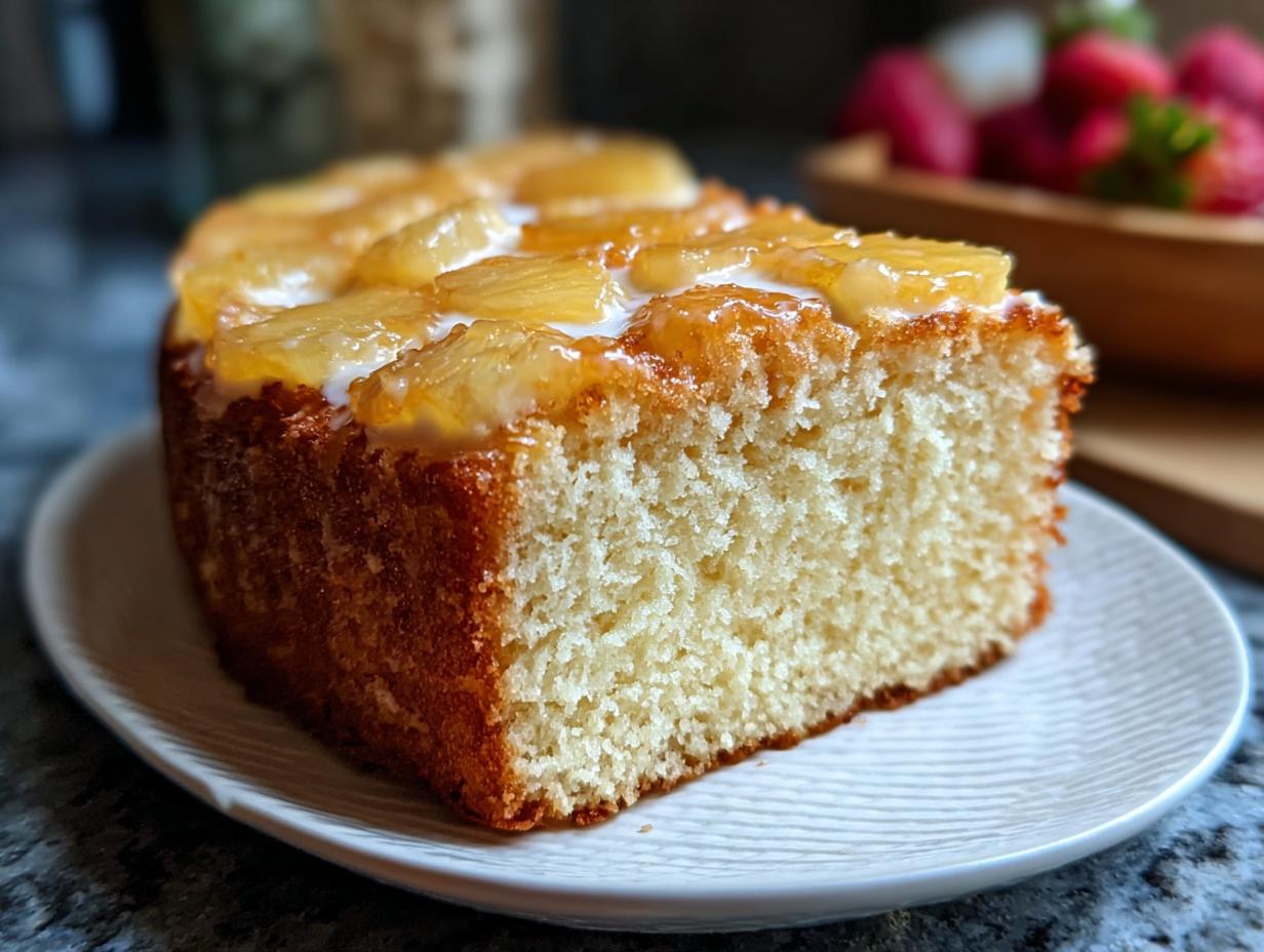 A close-up of a moist slice of pineapple cake, one of the 7-Ingredient Cake Ideas Recipes.