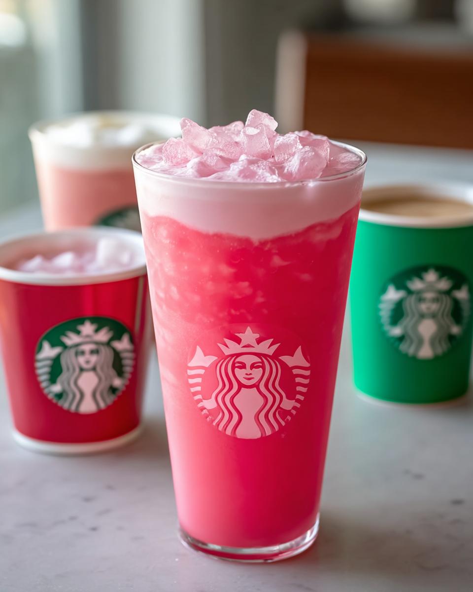 A close-up of a bright pink blended Starbucks Secret Menu Drink topped with pink ice, surrounded by other colorful Starbucks cups.