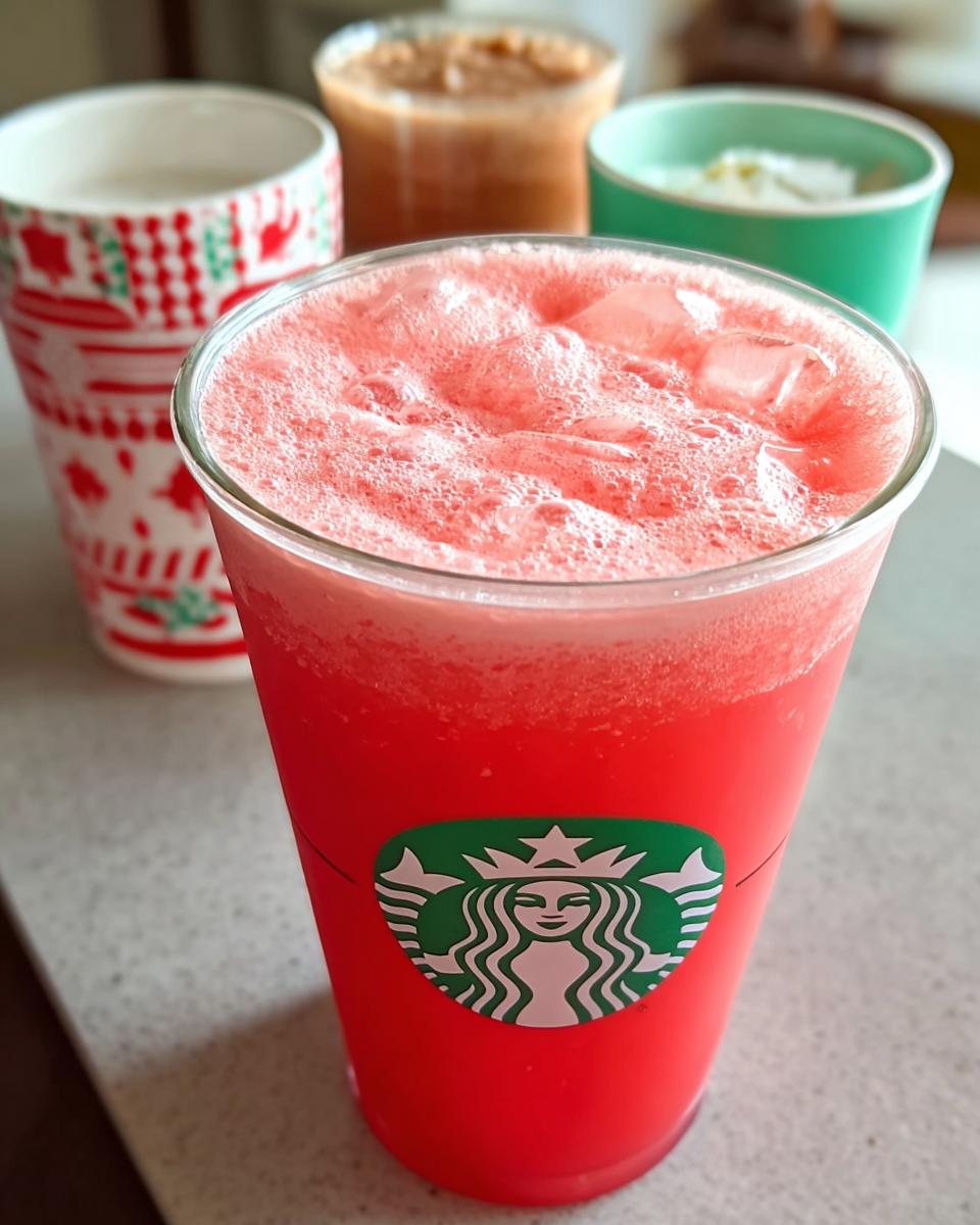 Close-up of a vibrant pink, icy Starbucks Secret Menu Drink in a clear plastic cup.