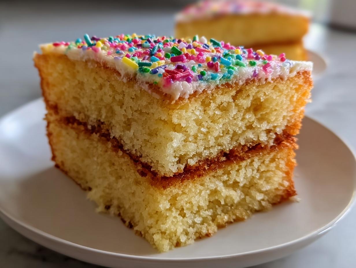 A close-up of a moist, two-layer yellow cake slice topped with white frosting and colorful sprinkles, perfect for cake ideas recipes.