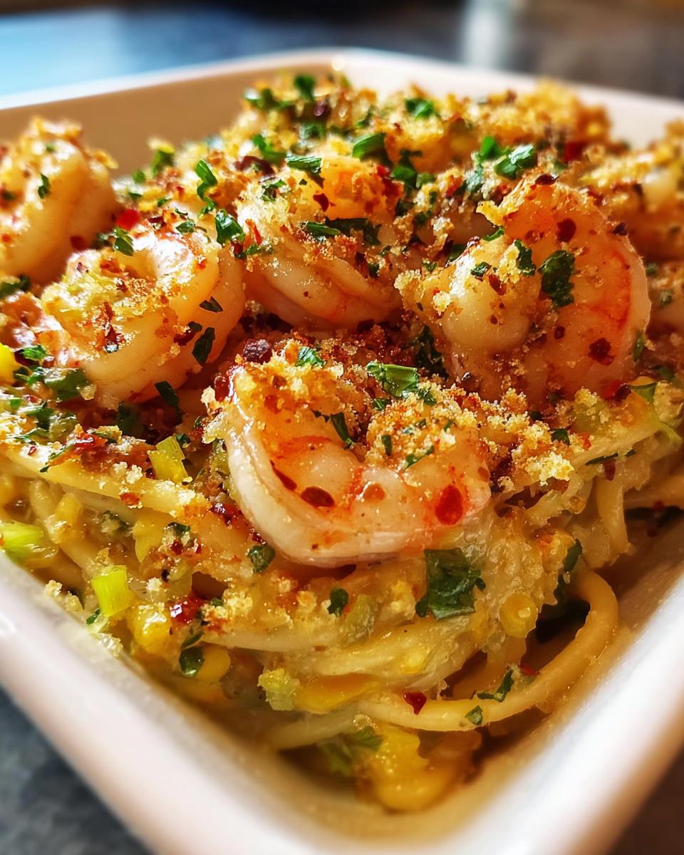Close-up of a delicious shrimp recipe featuring perfectly cooked shrimp over pasta, topped with toasted breadcrumbs and herbs.