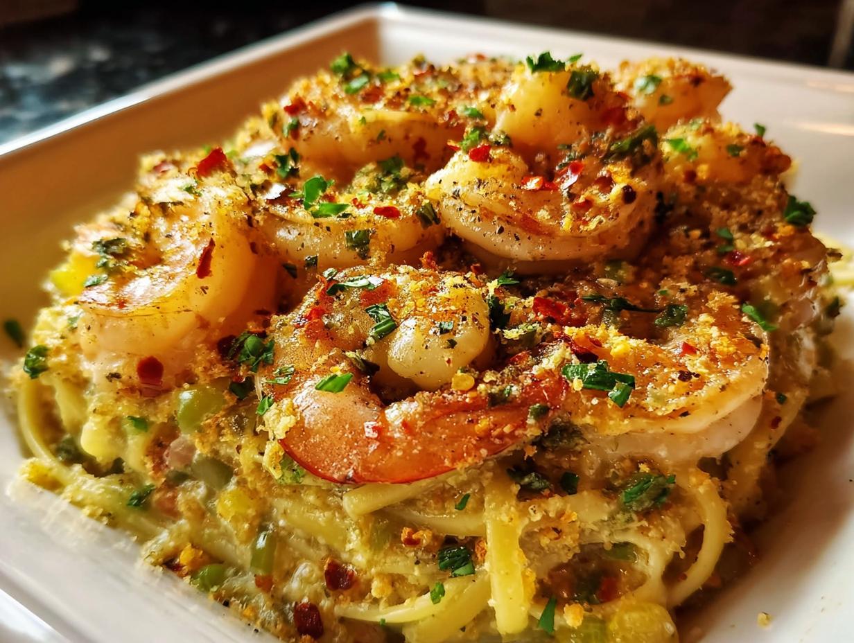 Close-up of perfectly cooked shrimp served over pasta, seasoned with breadcrumbs and chili flakes.