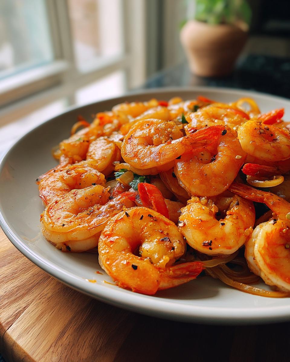 Close-up of perfectly cooked, seasoned shrimp served over noodles or vegetables, part of our Shrimp Recipes in 12 Minutes.