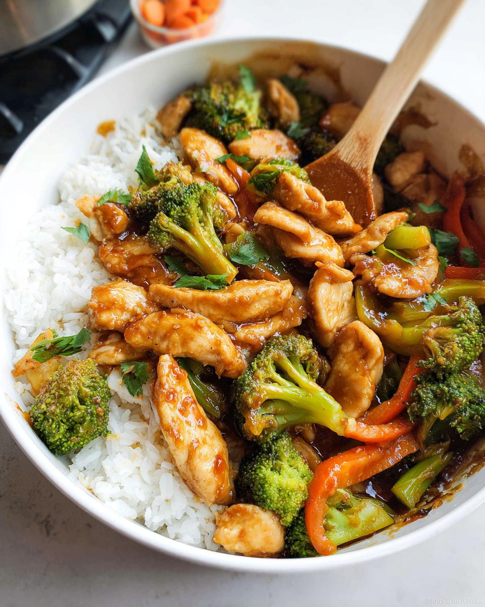 Close-up of a bowl containing Quick 30-Minute Healthy Dinner Recipes: chicken stir-fry with broccoli, peppers, and sauce over white rice.