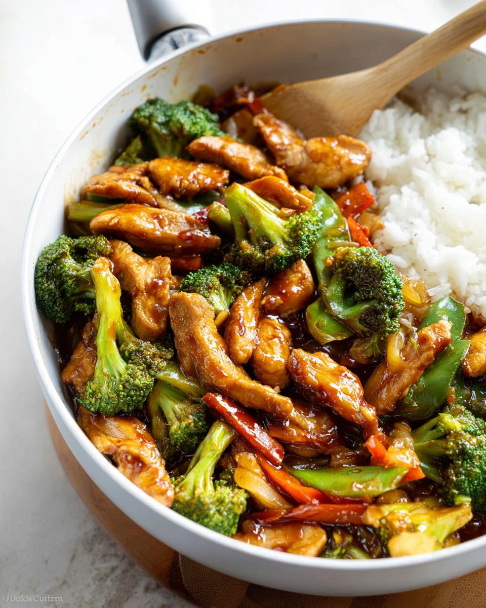 Close-up of a Quick 30-Minute Healthy Dinner Recipe: glossy chicken and broccoli stir-fry served with white rice in a white skillet.