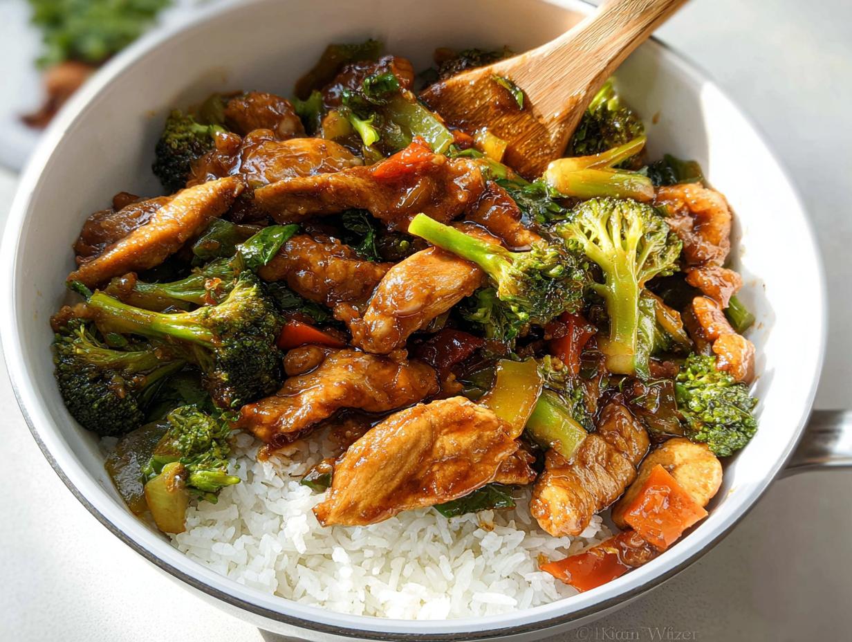 Close-up of a bowl featuring chicken and broccoli stir-fry served over white rice, perfect for Quick 30-Minute Healthy Dinner Recipes.