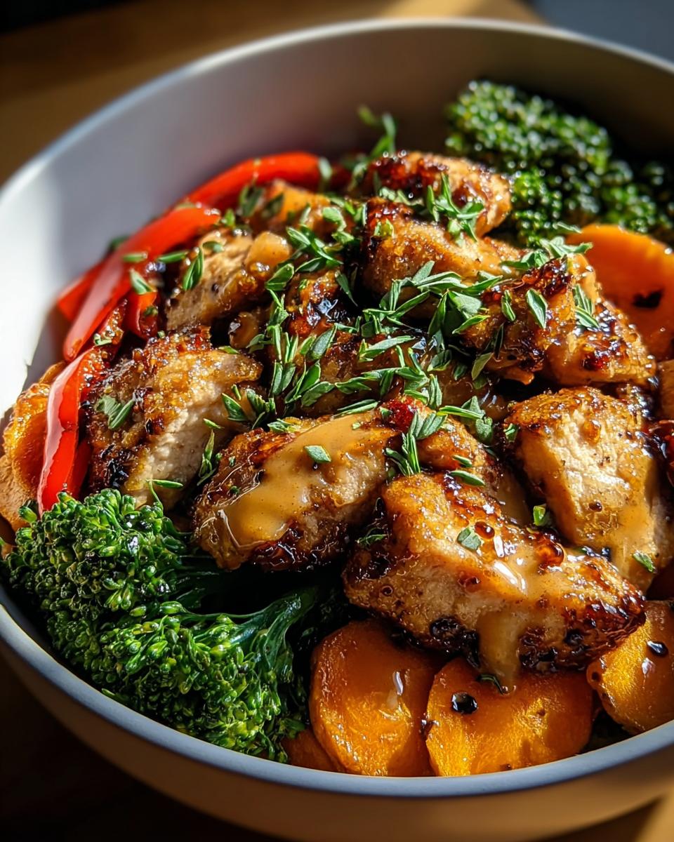 Close-up of a healthy meal in a bowl featuring glazed chicken pieces, bright green broccoli, and sliced sweet potatoes.