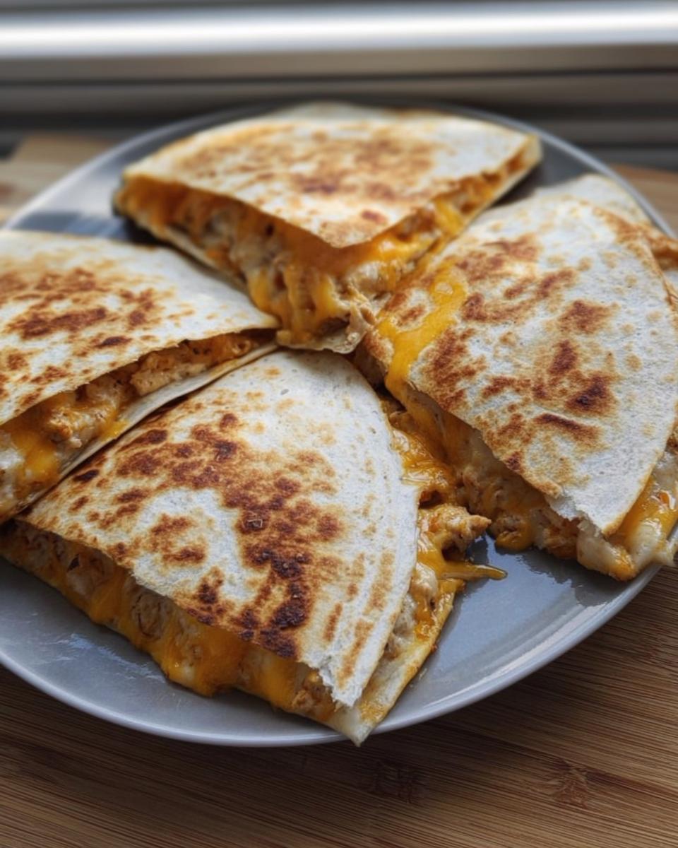 Four cheesy chicken quesadilla wedges showing melted cheddar cheese, a great example of Healthy Meals You Can Prep in Under 1 Hour.