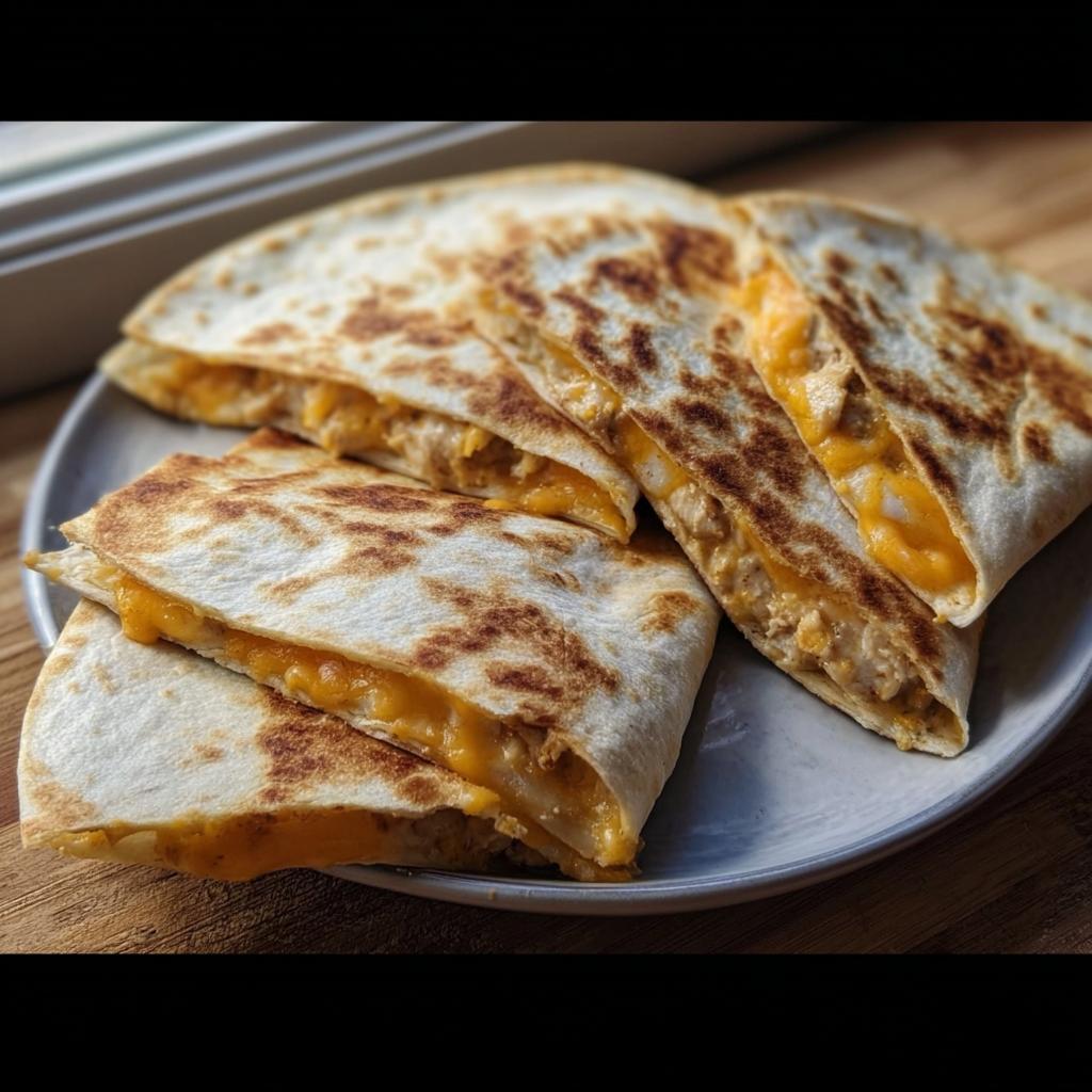 Four slices of golden-brown quesadillas filled with melted cheese and chicken, perfect for Healthy Meals You Can Prep in Under 1 Hour.