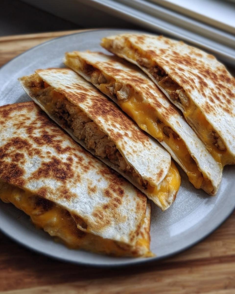 Four wedges of crispy, cheesy chicken quesadillas, a great example of Healthy Meals You Can Prep in Under 1 Hour.