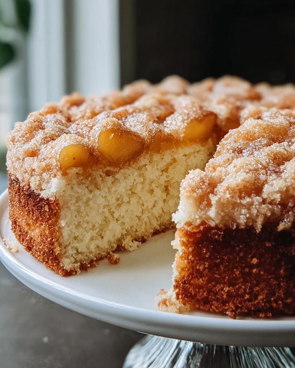 Close-up of a moist coffee cake with a crumb topping and visible fruit pieces, perfect for Cake Ideas Recipes in 12 Minutes.