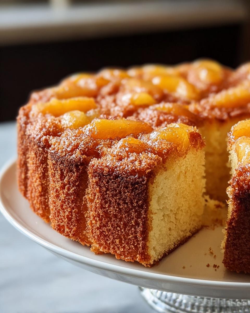 Close-up of a golden brown fruit upside-down cake, one slice removed, perfect for Cake Ideas Recipes in 12 Minutes.