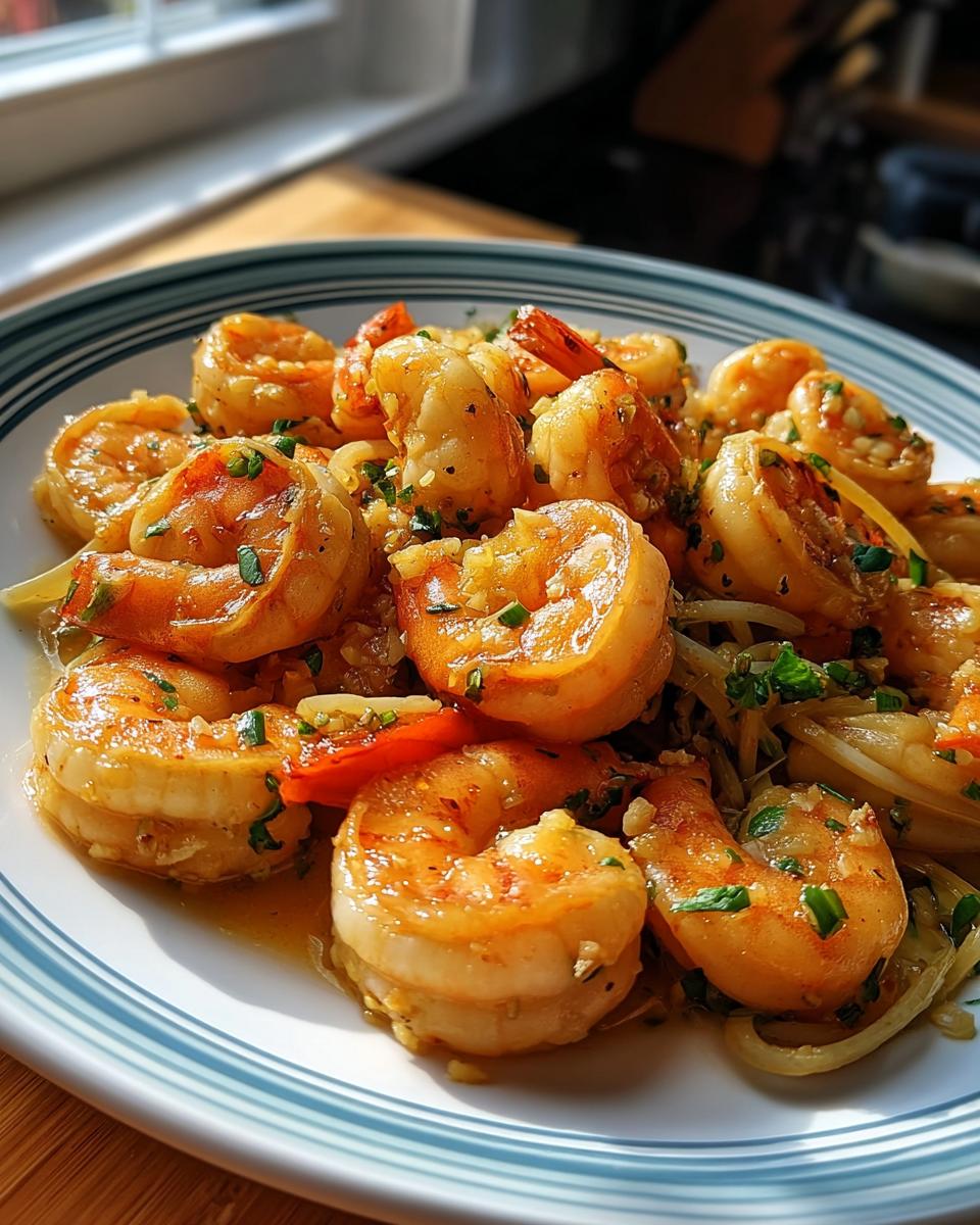 Close-up of glossy, sautéed shrimp coated in garlic butter sauce, a perfect example of 7 Genius Shrimp Recipes Ideas for Busy Weeknights.