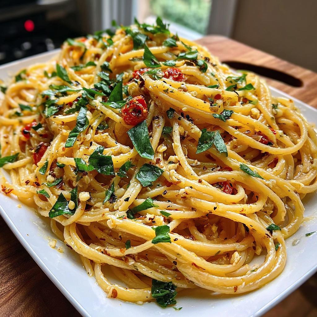 Close-up of a plate of quick garlic pasta tossed with herbs and cherry tomatoes, perfect for busy weeknights.