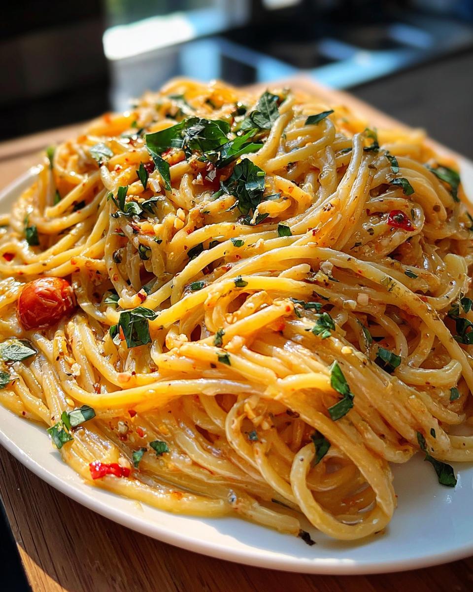 Close-up of spaghetti tossed in a light, glossy sauce with herbs and chili flakes, one of 20 Genius Pasta Recipes Ideas.