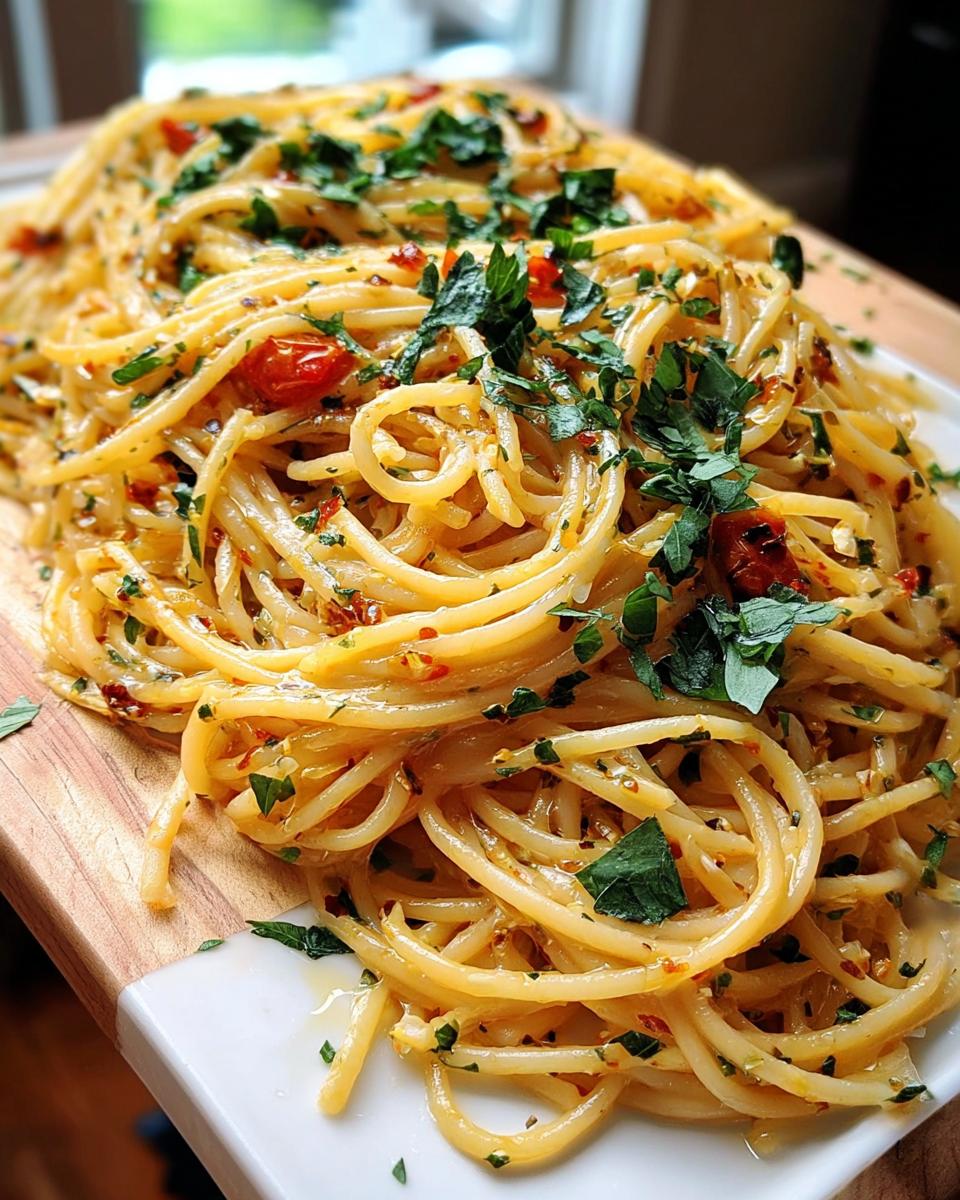 Close-up of a simple, glossy pasta dish, likely Aglio e Olio, part of 20 Genius Pasta Recipes Ideas for Busy Weeknights.