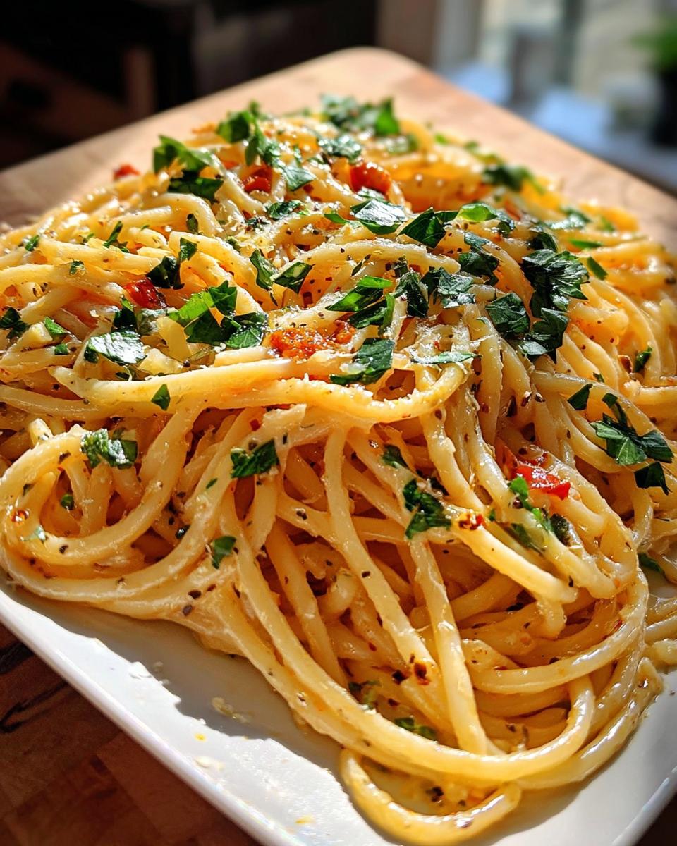 Close-up of spaghetti tossed in a light sauce, topped generously with fresh parsley and chili flakes, perfect for 20 Genius Pasta Recipes Ideas for Busy Weeknights.