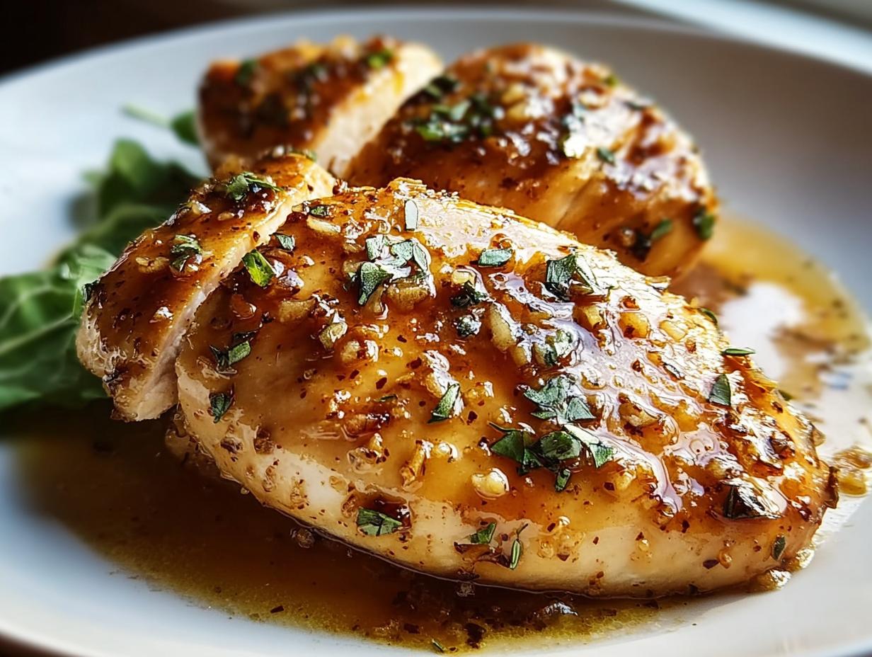 Close-up of juicy, glazed chicken breasts topped with garlic and herbs, perfect for Chicken Recipes in 20 Minutes.