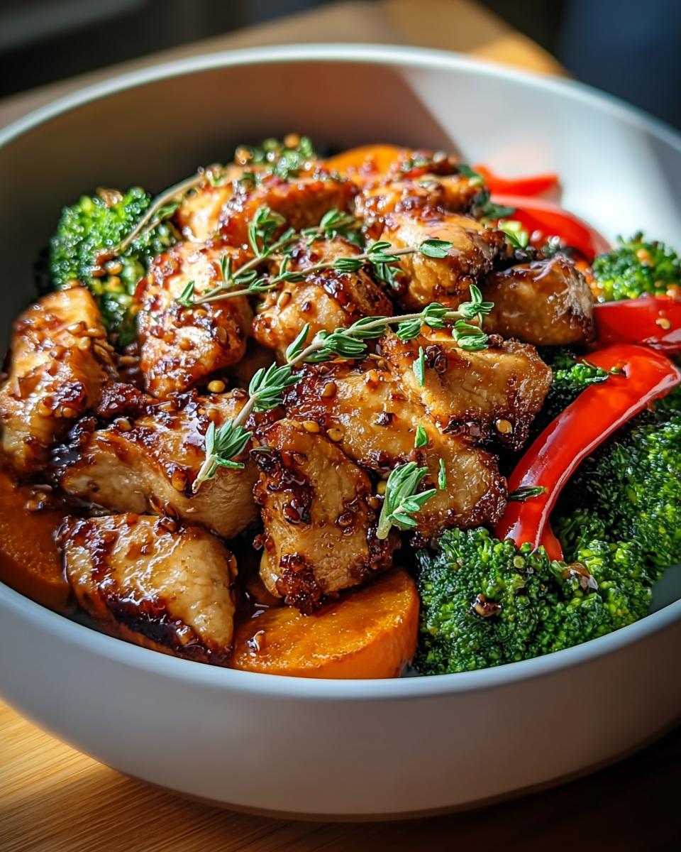 Close-up of a bowl containing glazed chicken pieces, bright green broccoli, sweet potato slices, and red pepper, perfect for Healthy Meals Recipes in 20 Minutes.