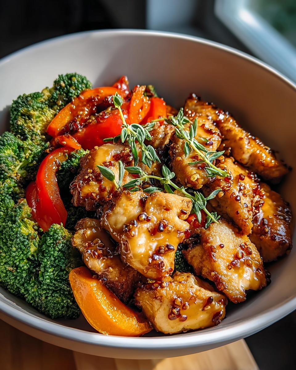 Close-up of glazed chicken pieces with broccoli and red peppers, perfect for Healthy Meals Recipes in 20 Minutes.